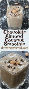 Cups of chocolate smoothie, text saying name of smoothie, almond pieces and chocolate