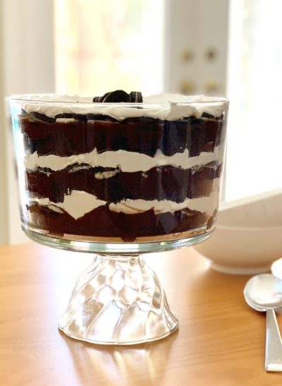 Layers of chocolate cake, pudding, oreo cookies and whipped topping.