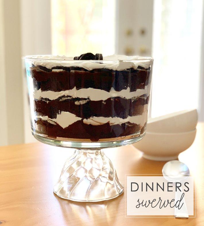 Layers of chocolate cake, pudding, oreo cookies and whipped topping.