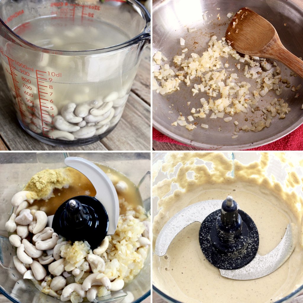 four photos showing steps in making sauce. Cashews, spices and onions.